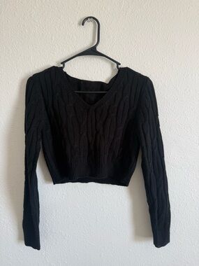 Cropped Black Cable Knit V-Neck Sweater